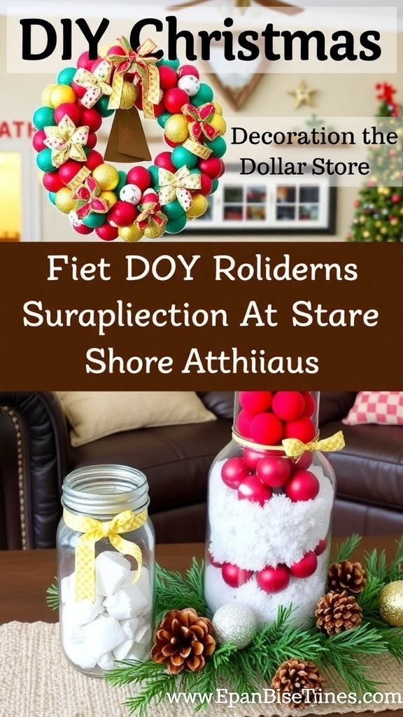 A collection of DIY Christmas decorations including a wreath, decorated jars, and a centerpiece on a festive table.